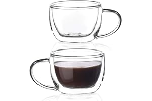 Amisglass Tazzine caffè Espresso, Bicchiere caffè Vetro, Tazza da caffè Espresso a Doppia Parete con Manico Termici Isolati per Latte, tè, Cappuccino, Cioccolata, Brandy - Set da 2, 100 ml