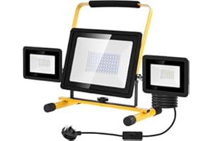 Viugreum 100w Led Work Light with Plug 8000LM 6500k Outdoor Lights Mains Powered 3 Adjustable Heads IP65 Flood Lights Outdoor Portable Construction Light with Stand / 3m Cable for Workshop Garage