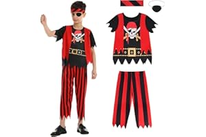 Aomig Kids Pirate Costume Set, Pirate Fancy Dress Costume for Boys, Pirate Capitain Outfit Set Includes Top, Pants, Eyepatch, Headband, Pirate Role Play Dress Up for Birthday Party Holloween