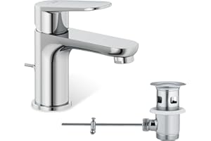 KLUDI-X1 Waschtischarmatur mit Zugstangen-Ablauf, Auslaufhöhe 75 mm, wassersparender Wasserhahn Bad Größe S, Keramikkartusche, Mischbatterie Waschbecken inkl. Anschlussschläuche in Chrom