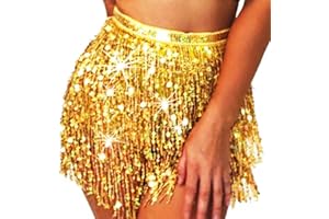 Flovel Gonna con Nappe con Paillettes Danza del Ventre Sciarpa all'anca Costume da Rave Gonna con Frange Abito da Rave per Donne e Ragazze