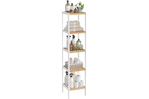 SONGMICS Scaffale da Bagno in Bambù a 5 Ripiani, Scaffale Stretto Multifunzione, Scaffale ad Angolo, per Cucina, Soggiorno, Camera da Letto, Corridoio, Bianco Nuvola e Beige Naturale BCB055N01