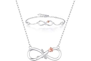 BlingGem Parures pour Femme en Or Blanc Rosa Argent 925/1000 Oxyde de Zirconium Fluer Cœur Infini Amour Collier et Bracelet Cadeau pour Femme Fille