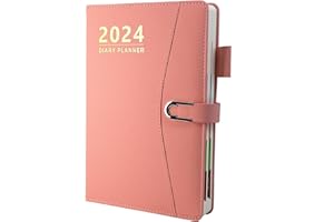 HOYUNLL Diary 2024 A5 Page a Day, 2024 Diary from Jan 2024 to Dec 2024, Productivity A5 Daily Planner with Monthly Tabs, Pen Loop and Inner Pocket, 21×14.5cm，400 Page (Pink)