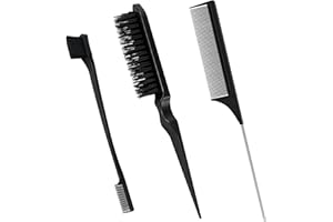 Sularpek 3 Pcs Slick Brush Set, Plastic Bristle Hair Brush and Teasing Comb, Rat Tail Comb Double Sided Edge Brush for Hair Slicking, Brushing, Combing and Styling