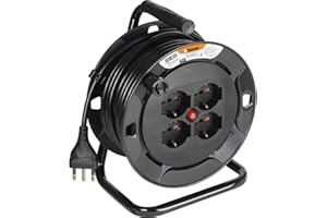 BTICINO Avvolgicavo Elettrico S2615, Prolunga Elettrica 15 Metri, 4 Prese Polivalenti Schuko Bipasso, Spina Grande 16A, Interruttore Termico, Maniglia Ergonomica, Ferma Cavo e Avvolgicavo, Full Black