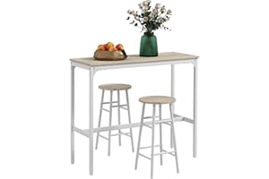 HOMCOM Set tavolo da bar bistrot + 2 sgabelli con poggiapiedi design industriale struttura in acciaio piano cucina alto aspetto legno naturale bianco
