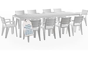 Tomaino - Set Savana Tavolo da Giardino con Sedie - Tavolo da Esterno Allungabile con 10 Sedie in Plastica - Set da Esterno per Giardino, Balcone, Veranda Bianco