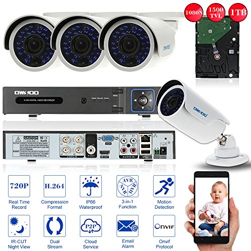 OWSOO 4CH AHD 1080N/720p 1500TVL CCTV Überwachung DVR Security System HDMI P2P Onvif Netzwerk Digital Video Recorder, 1 TB Festplatte, 4 * 720P Outdoor/Indoor Infrarot-Bullet-Kamera + 4 * 60ft Kabel