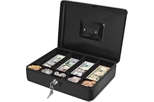 Flexzion Caisse à monnaie avec plateau et serrure – Caisse à monnaie en métal pour petites entreprises, tirelire noire à 9 compartiments avec serrure et clé pour petite monnaie, chèques, pièces de