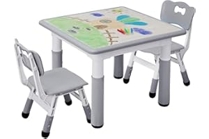 MAMIZO Tavolo Bambini con 2 Sedie, Tavolo e Sedie Bambini, Regolabile in altezza, in Plastica, per Set Bambina dai 2 anni (Grigio, Tavolo Quadrato), 60 x 60 cm, KT-TC01