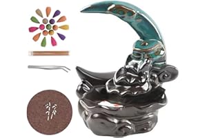 Auricase Bruciatore incenso, Porta incenso a riflusso a cascata in ceramica, Bruciatore di incenso a riflusso,100 coni aggiornati+30 bastoncini di incenso, pinzetta+mat (Verde-01)