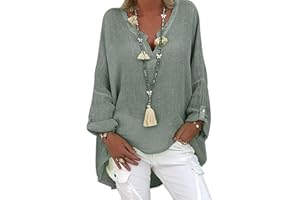 Tincini Leinenbluse Damen Sommer Tunika V-Ausschnitt Große Größen Blusenshirt Langarmshirt Leinen Baumwolle Hemd Oberteile Druck Shirt