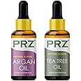PRZ Combo of Cold Pressed Moroccan Argan Carrier Oil & Tea Tree Essential Oil, 100% Pure Natural & Therapeutic Grade Oil for Aromatherapy, Body Massage, Skin Care & Hair Growth (15ML Each)