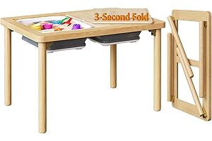 FUNLIO Foldable Wooden Sensory Table for Toddlers with 2 Bins, Kids Sensory Table with Anti-Warping Plywood Lid, Indoor/Outdoor Play Sand and Water Set, CPC Certified