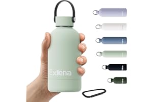 Exllena 350ml Small Water Bottle 350m for Handbag, Small Drinks Bottle with Handle Lid and Carabiner, Double Wall Vacuum Keeps Drinks Cold 24 Hrs/Hot 12 Hrs BPA Free (Lichen Green)
