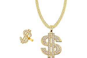 Liitata Juego de 2 anillos con signo de dólares, collares, collares, colgantes de dólares, cadenas raperos punk oro de los años 80, accesorios para disfraces para hombre, carnaval, fiestas temáticas