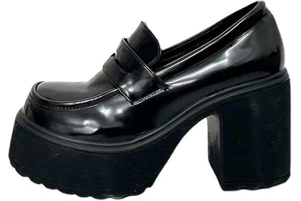 Chunky plattform loafers häl patent läder slip på casual skor kvinnor kvinnor kontor skor japanska lolita svarta 10 cm klackar pumps