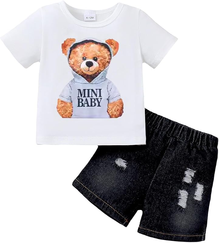 JENJON Ropa de Pequeños Bebé Niño Manga Corta Estampado Bonito Top+ Pantalones Cortos Vaqueros Rotos 2Pcs Conjunto Informal de Primavera y Verano