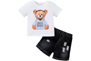 JENJON Vestiti Set per Infantile Bambino Maschio Primaverili Estivi Manica Corta Stampato Carino Maglietta e Jeans Pantaloncini 2Pcs Completo Abiti Outfit