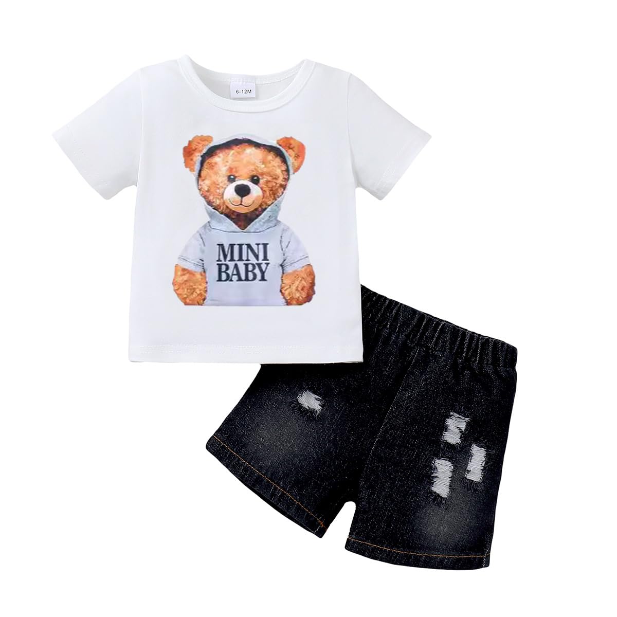 JENJON Ropa de Pequeños Bebé Niño Manga Corta Estampado Bonito Top+ Pantalones Cortos Vaqueros Rotos 2Pcs Conjunto Informal de Primavera y Verano - 1