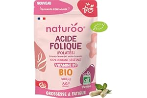 NATUROO NUTRITION Acide Folique - Folates Bio (Vitamine B9) - Végétal & biologique - 60 Gélules Vegan (2 mois) - Grossesse, Fatigue, Immunité, Fonctions Psychologiques - Fabriqué en France