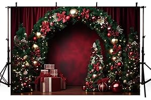 MEHOFOND Toile de fond de Noël de 2,4 x 1,8 m - Arche verte et nœud rouge - Cadeau pour adultes et enfants - Portrait - Décoration de fête - Bannière - Fournitures de studio