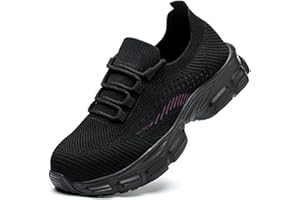 COOU Safety Shoes for Women Lightweight Steel Toe Cap Trainers Breathable Ladies Safety Toe Trainers Non Slip Protective Shoes Black