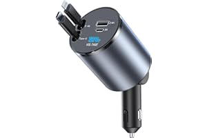 AmazeFan Einziehbares Auto Ladegerät 60W Handy Schnellladegerät,12V USB zigarettenanzünder Adapter mit Lightning und Typ-C Kabel, Kfz Ladegerät USB C Kompatibel mit iPhone/Galaxy/Pixel/Googl-Runden