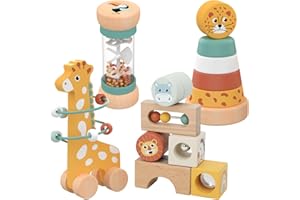 Nene Toys Giochi Bambini 1 Anno – Giocattolo Montessori Didattici in Legno con Blocchi Sensoriali, Pioggia Sonora, Labirinto Giraffa & Anelli da Impilare – Regalo Educativo Bimbo Bimba 1 2 Anni