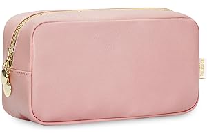 WANDERING NATURE Small Makeup Bag for Handbag, Travel Cosmetic Pouch for Women, Vegan Leather Makeup Organizer with Pockets, Compact Pencil Case for Purse, Pink (Patent Pending)