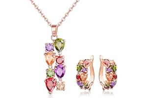 Baobei kaguyo - Juego de joyas para mujer, chapado en oro rosa, collar con colgante de cristal de circonita multicolor con aretes de aro, joyería encantadora para mujeres y niñas, regalos de