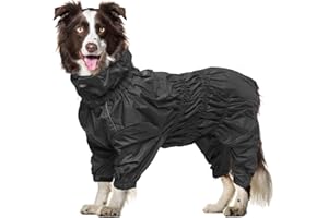 Geyecete - Raincoat for Dogs with Four Legs, Dog Rain Jackets, Trouser Suit with Harness Hole, Reflective Full Wrap Elastic Waterproof Coat for Large, Medium and Small Dogs, Black, XXL