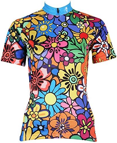 KMFEEL Popular Colorful Flower Zipper Closure Women Short Sleeve Cycling Shirt Jersey Sportswear 2XL