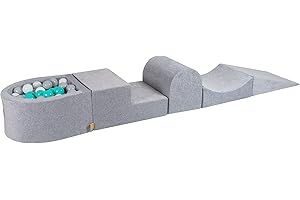 MEOWBABY Parcours Motricité avec Piscine a Balle pour Bébé - Enfant Module de Motricité 200x45cm/100 Balles, Velours, Gris Clair: Turquoise/Gris/Blanc