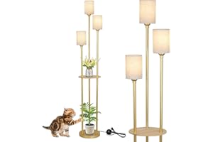 RAYOFLY Lampada da terra oro soggiorno, lampada da terra moderna con mensola, lampada da terra vintage a 3 luci con paralume in lino e interruttore a pedale, lampade da terra industriali per camera da letto