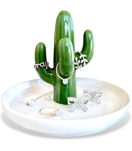 WANYA Porte-bijoux En Céramique En Forme De Cactus Avec Petites Fleurs Vert
