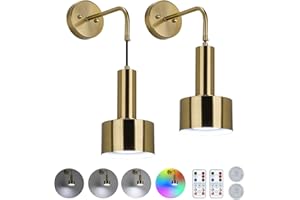 Lightsjoy Rechargeable Wall Lights Indoor Set of 2 Battery Operated Wall Sconces Dimmable RGB 18 Colors Wall Lamp Timing USB Wireless Wall Light with Remote Control and Charging Bulbs for Bedroom Gold