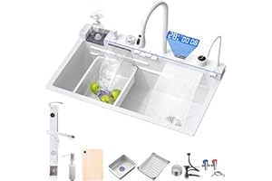 MIMRTIMI Évier de Cuisine avec Robinet Intégré Evier Cuisine 1 Bac Noir Cascade Raindance Évier Cuisine en Acier Inoxydable 304 avec Divers Accessoires (White, 75 * 46CM)