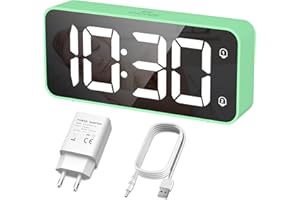 HERMIC Réveil Numérique, Alarm Réveil LED avec Adaptateur, 0-100% Luminosité et Volume Réglable, 2 Alarmes, Fonction Snooze, 12/24H pour Bureau de Chambre (Vert)