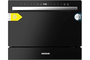 Cecotec Lave-Vaiselle Compact Bolero Aguazero 2400 Black Glass 6 Couverts. 1380W, Finition en Verre Noir, 5 Programmes, Écran Tactile, Programmable jusqu'à 24h, Kidlock et Panier à Couverts