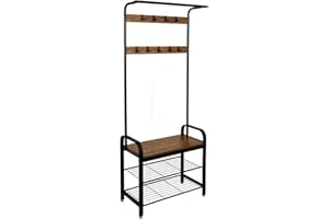 Meerveil Coat Stand, Coat Rack with Shoe Storage Bench, Metal Clothes Rail with 9 Removable Hooks, Industrial Style for Hallway Entrance, 72 x 34 x 183 cm, Rustic Brown