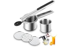 FHISKUNYU Schiacciapatate Passapatate con 3 Colini Sostituibili, Schiacciapatate Professionale Acciaio Inox per Purè di Patate, Frutta, Verdure, bébé, Limone