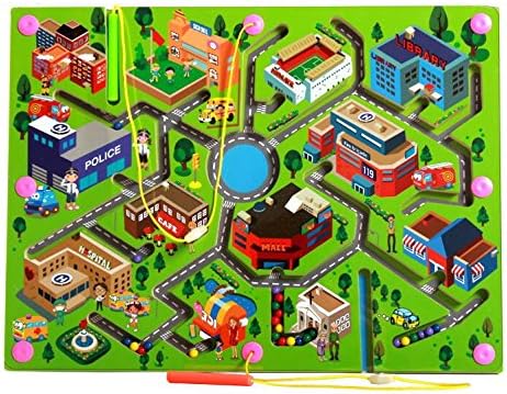 HappyToy Wooden Magnetic Maze Puzzle Interactive maze Magnet Beads Maze on Board Game Eduactional Handcraft Educational Puzzle Toys (Green urban traffic)