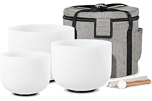 CVNC Set of 3 PCS 440HZ 8" A + 10" F + 12" C Frosted Quartz Crystal Singing Bowls with Travel Carry Case Bag for Sound Healing and Meditation