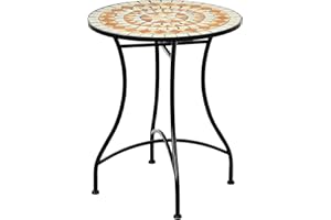 RELAX4LIFE Round Mosaic Table, Garden Side Coffee Table with Non-Slip Foot Pads, Outdoor Dining Bistro Table for Patio, Balcony and Backyard (Black + Mosaic, Geometric Pattern)
