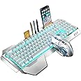 2.4G Mechanical Feel Rechargeable Wireless Keyboard and Mouse Set, 3000 mAh Capacity, LED Backlit Metal Panel Waterproof Ergonomic USB Gaming Keyboard Anti-Ghosting+ 2400 DPI 6 Buttons Gaming Mouse
