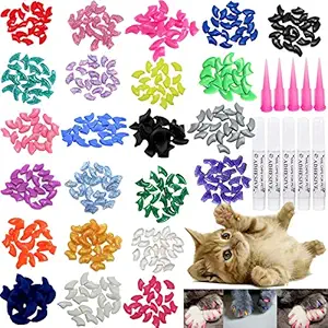 VICTHY 100 PCS Soft Pet Cat Nail Caps Cats Paws Grooming Nail Claws Caps Covers of 5 Kinds 5Pcs Adhesive Glue Small Size