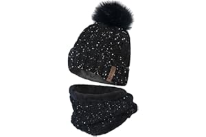 GENERIC Womens Pom Beanie Hat Scarf Set Girls Winter Ski Hat Slouchy Knit Cap with Fleece Lined
