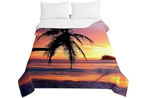 Surwin Embossed Quilted Bedspreads Single Double Super King Bed Size, Bedspread Quilt 3D Seaside Sunset Lightweight Coverlet Microfiber Comforter Sofa Throws Blanket (Coconut tree,230x260cm)
